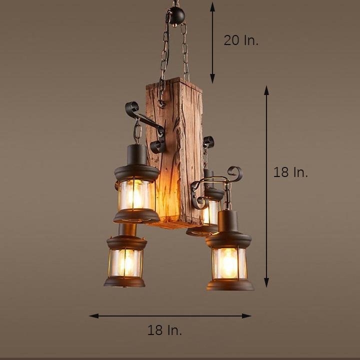Rustic Wood Farmhouse Chandelier with 4 Lantern Lights