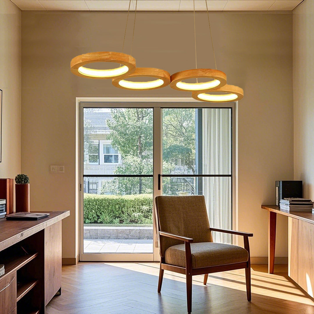 Modern Wood Ring Pendant Light - 4 or 5 Circle LED Ceiling Fixture