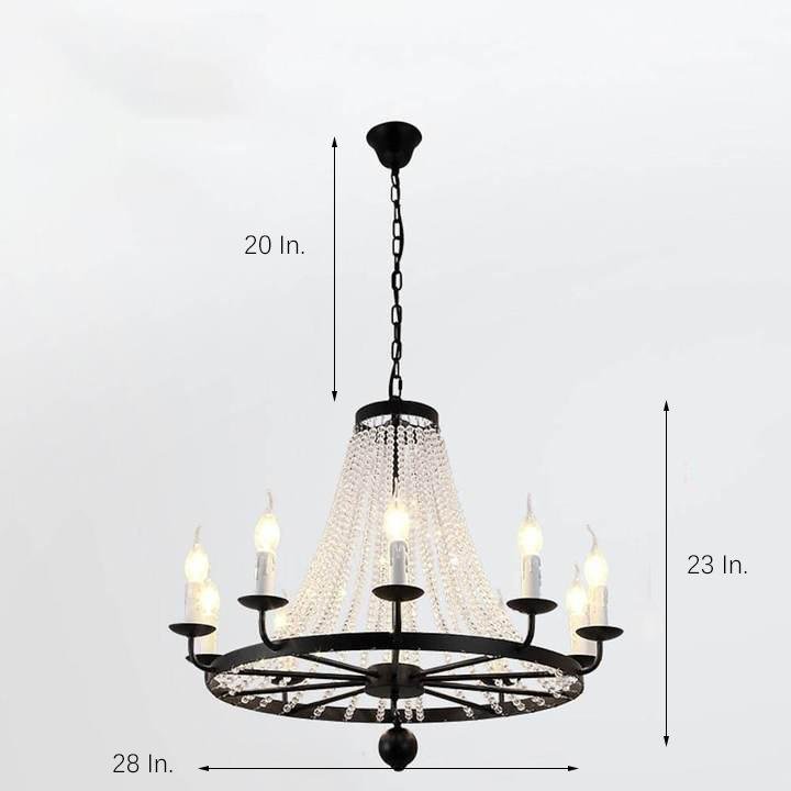 Vintage Wagon Wheel Crystal Chandelier - Black Metal Candle Style