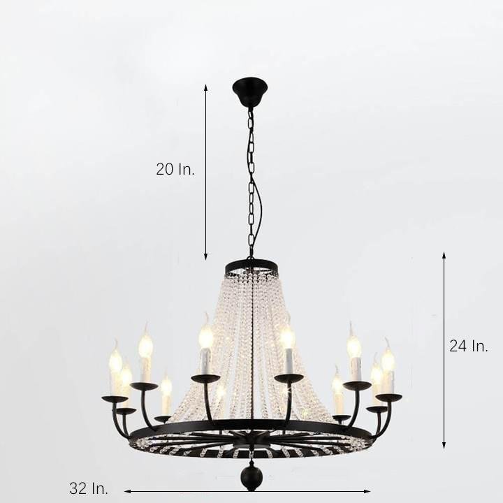 Vintage Wagon Wheel Crystal Chandelier - Black Metal Candle Style