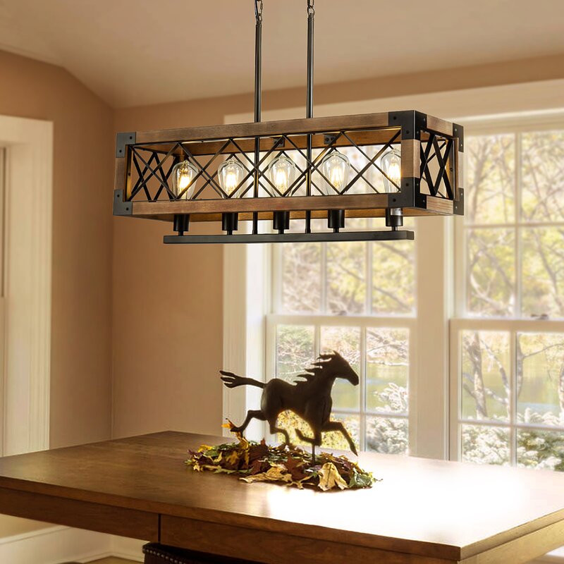 Rustic Industrial Linear Chandelier Wood & Glass Farmhouse Fixture