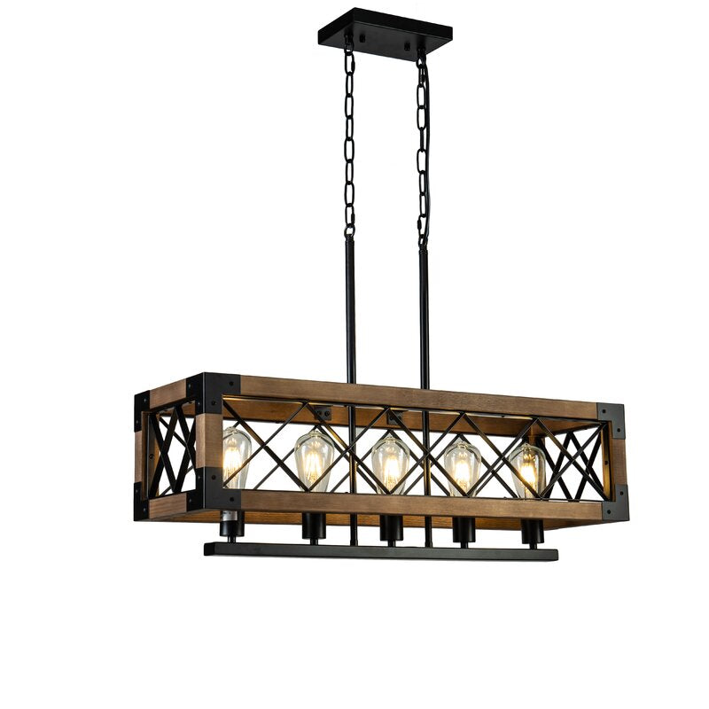 Rustic Industrial Linear Chandelier Wood & Glass Farmhouse Fixture