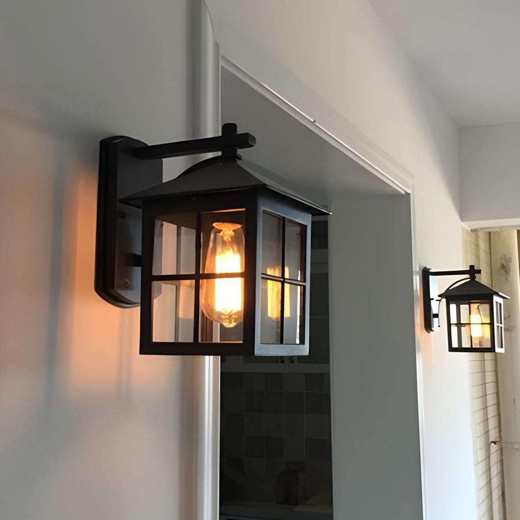 Antique Lantern Glass Waterproof Outdoor Wall Sconce Black