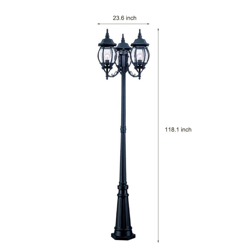 3-Light Black Aluminum Garden Lamp Post - Waterproof Outdoor Street