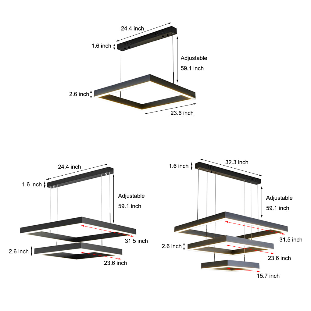 Modern Square LED Chandelier Black Aluminum Dimmable Remote Control