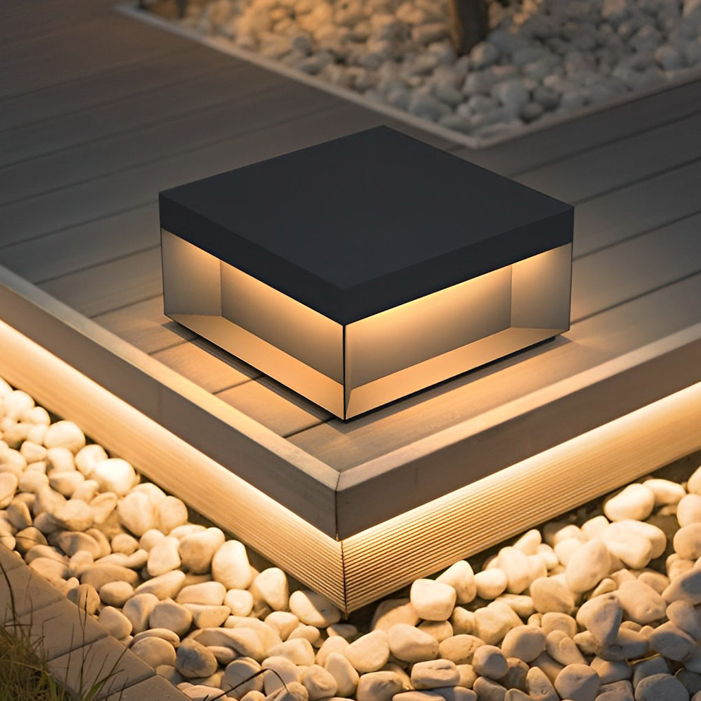 Modern Square LED Outdoor Pier Mount Post Light Black Steel Glass