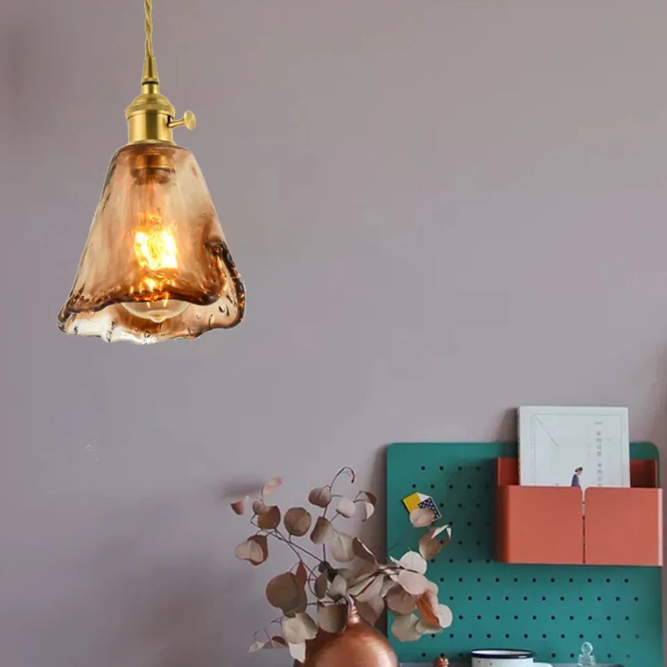 Nordic Vintage Amber Glass Pendant Light – Single Head Hanging Lamp
