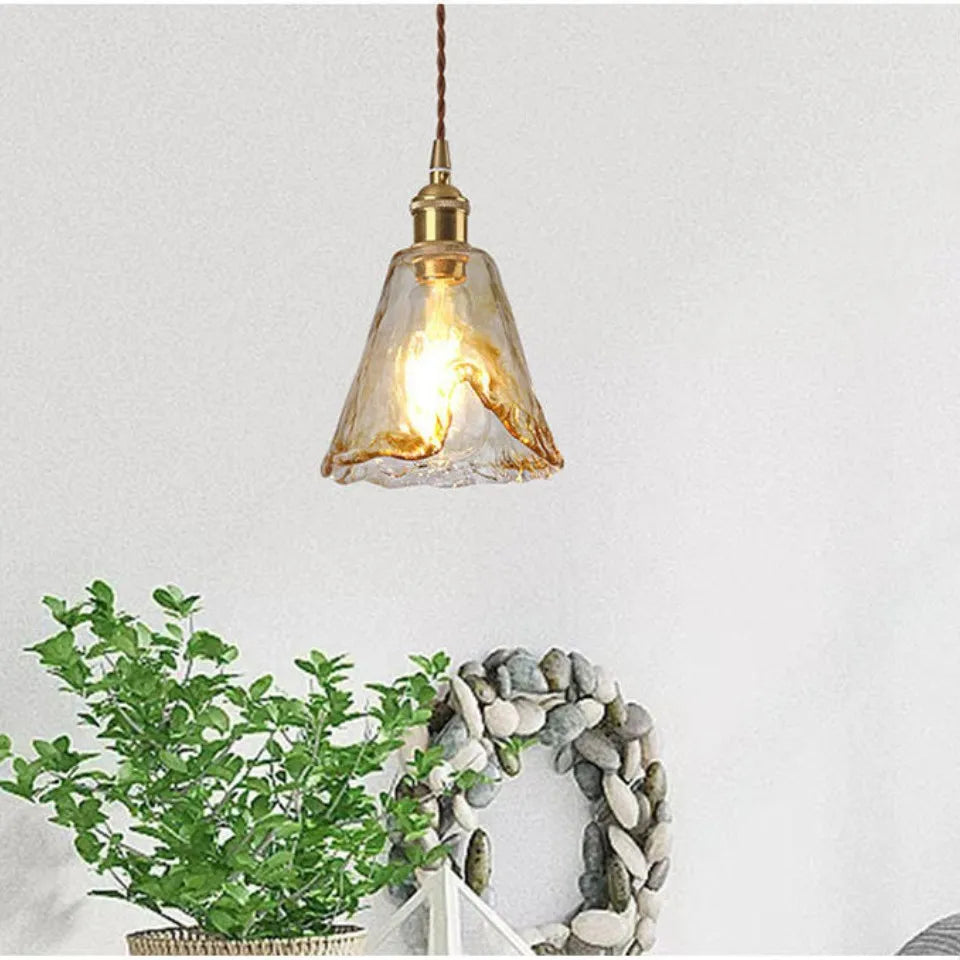Nordic Vintage Amber Glass Pendant Light – Single Head Hanging Lamp