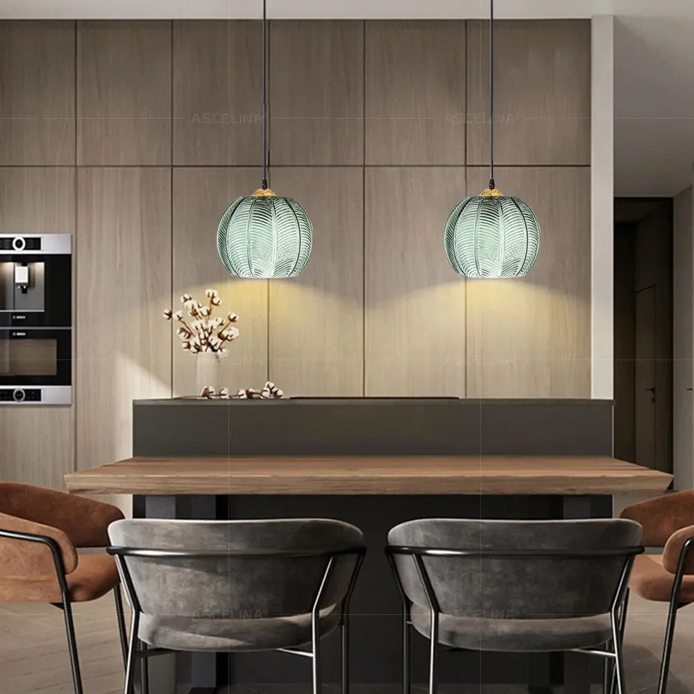 Nordic Glass Pendant Light – Leaf Pattern Green Shade for Kitchen