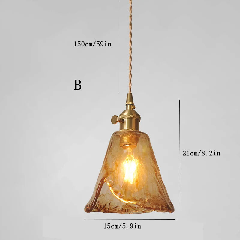 Nordic Vintage Amber Glass Pendant Light – Single Head Hanging Lamp