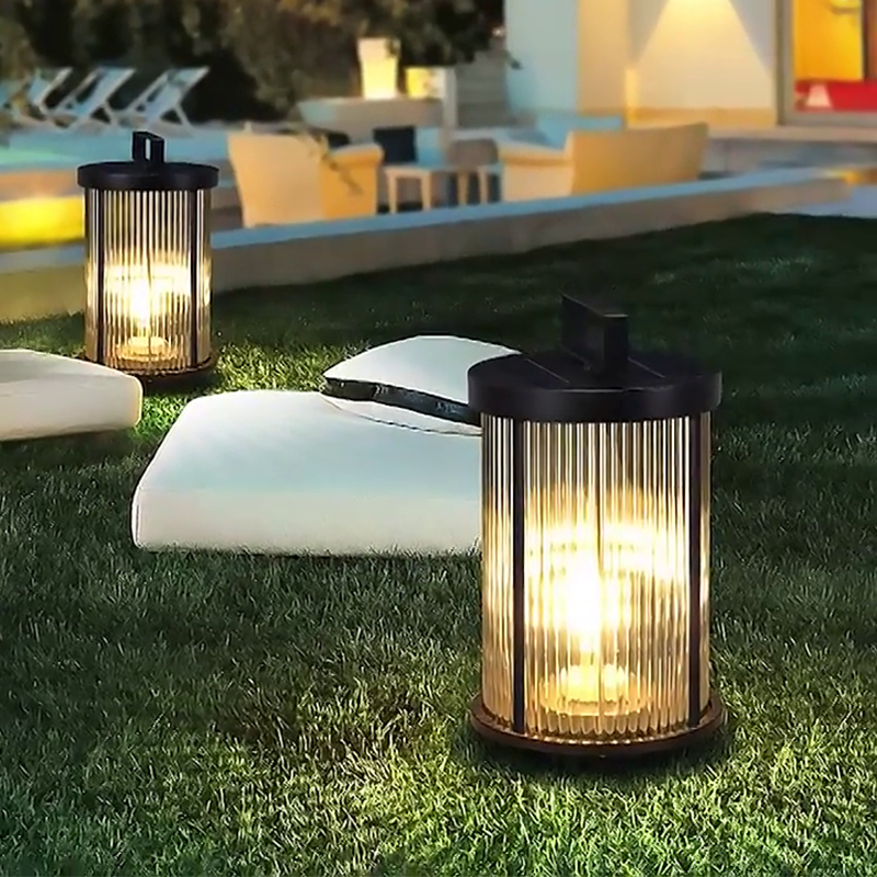 Ribbed Glass Solar Outdoor Lantern with Stainless Steel Handle