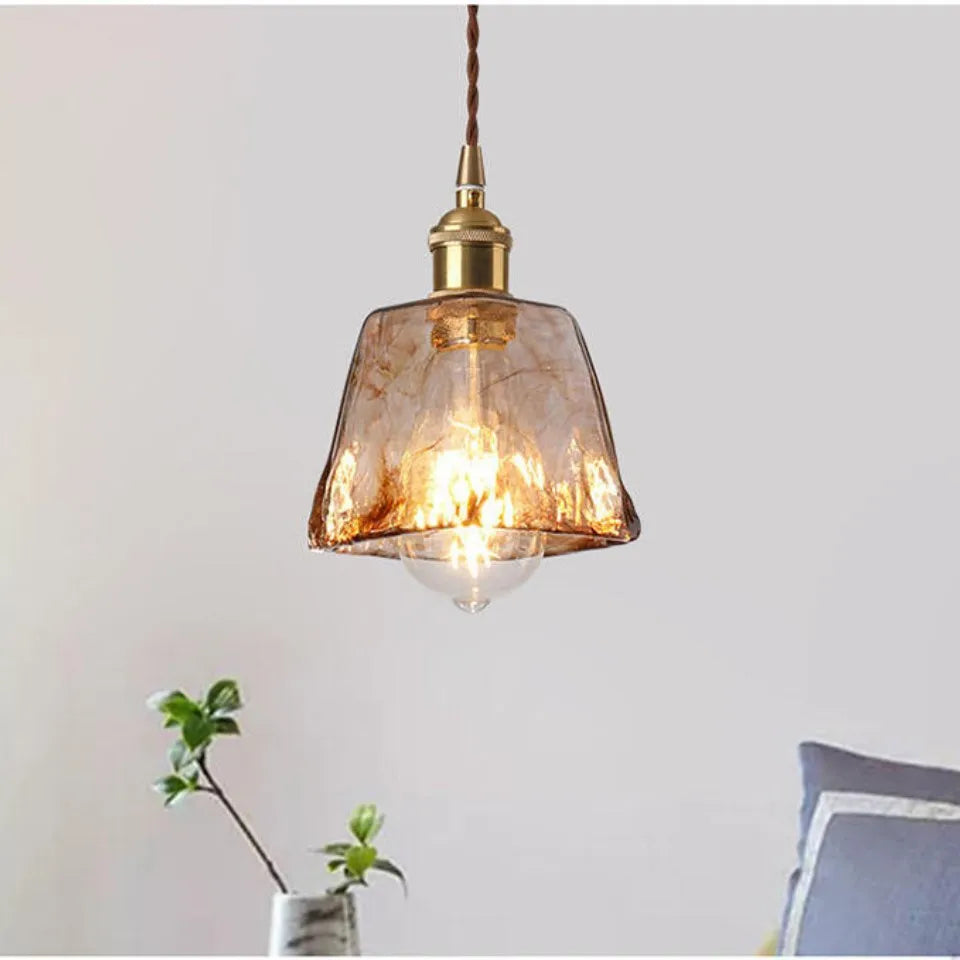 Nordic Vintage Amber Glass Pendant Light – Single Head Hanging Lamp