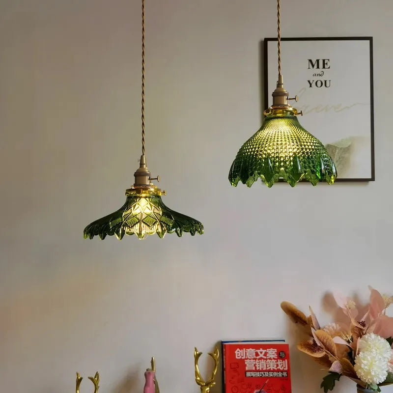 Green Glass Pendant Light – Vintage Iron Hanging Lamp