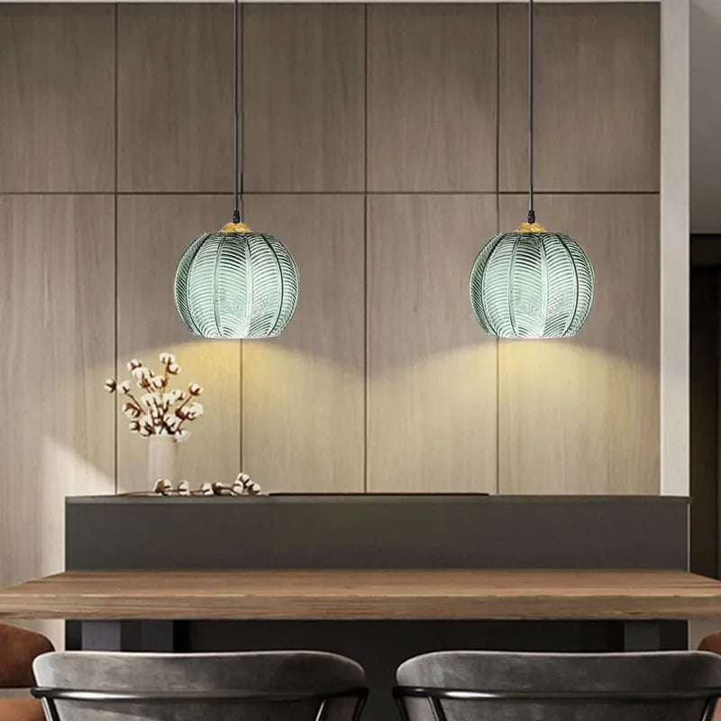 Nordic Glass Pendant Light – Leaf Pattern Green Shade for Kitchen