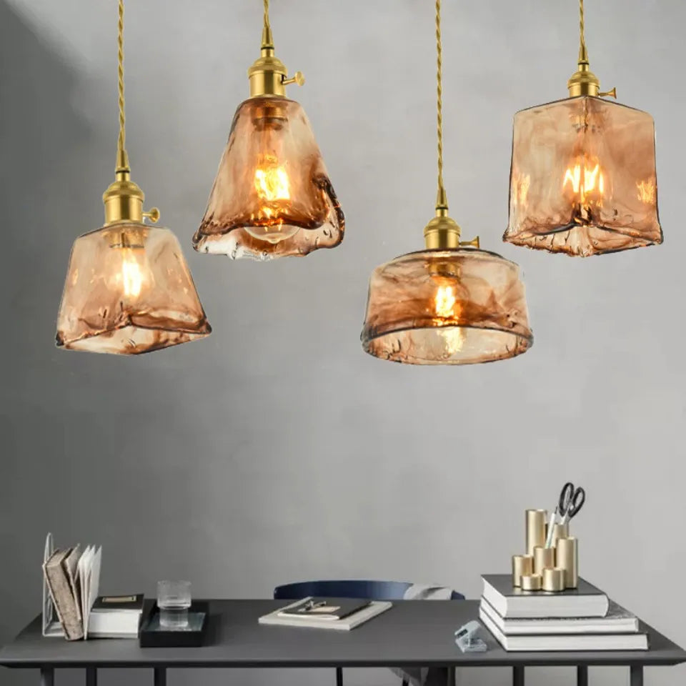 Nordic Vintage Amber Glass Pendant Light – Single Head Hanging Lamp