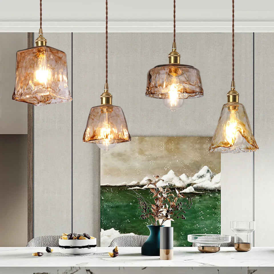 Nordic Vintage Amber Glass Pendant Light – Single Head Hanging Lamp