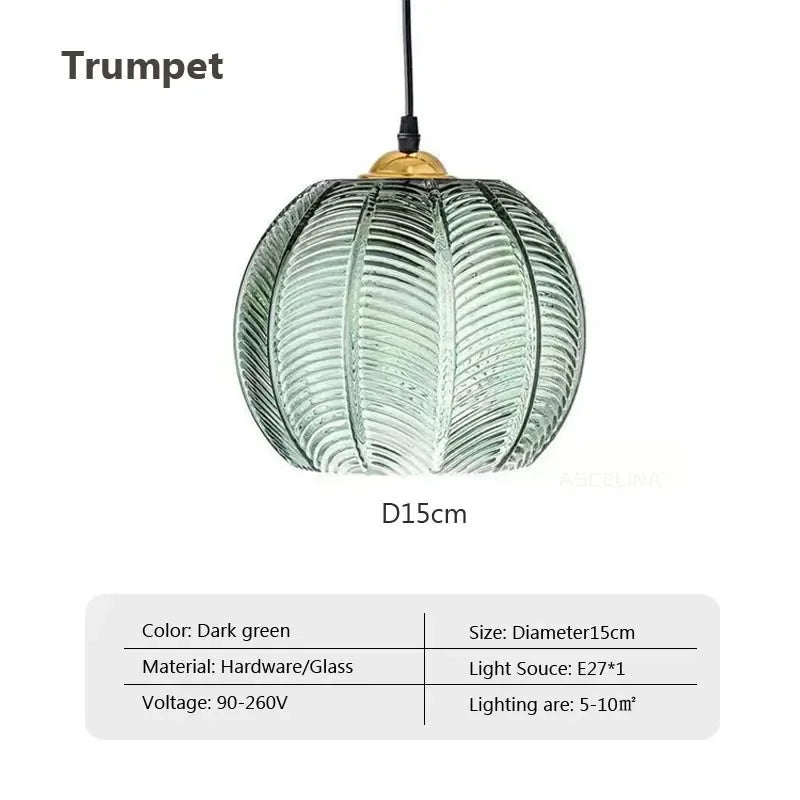 Nordic Glass Pendant Light – Leaf Pattern Green Shade for Kitchen
