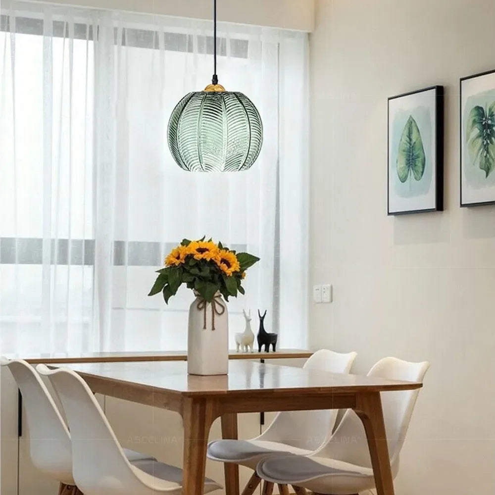 Nordic Glass Pendant Light – Leaf Pattern Green Shade for Kitchen