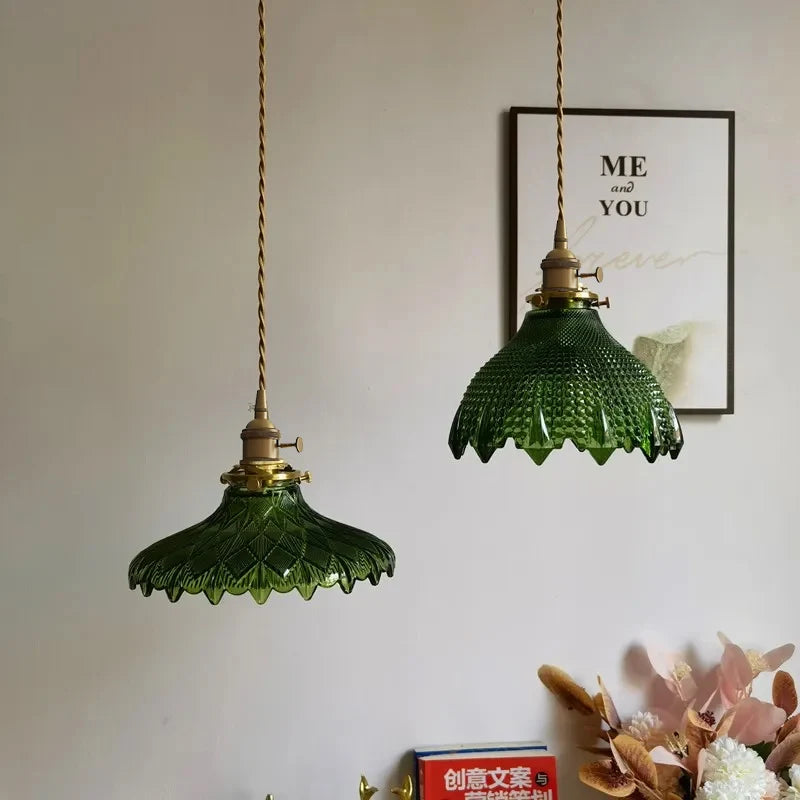 Green Glass Pendant Light – Vintage Iron Hanging Lamp