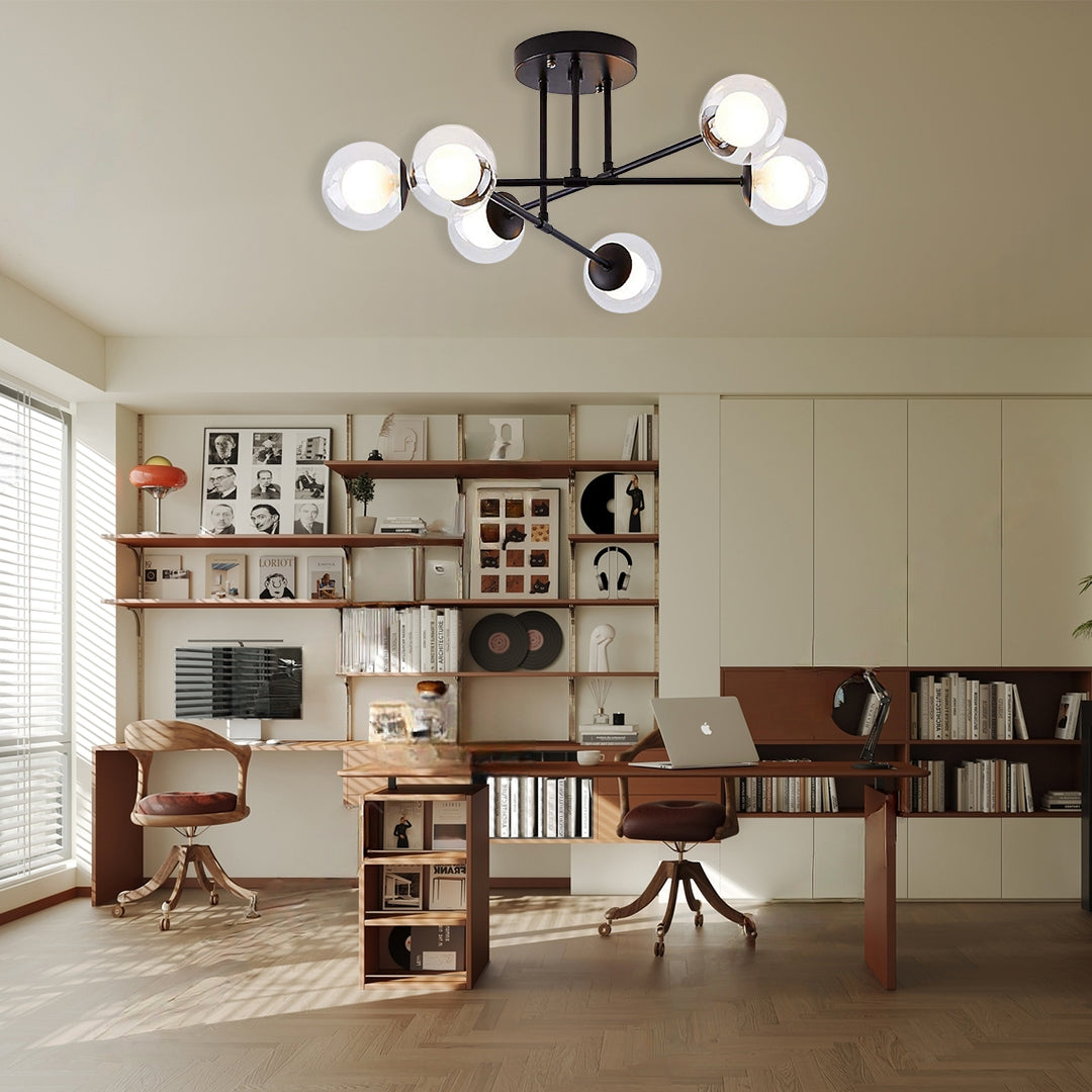 6-Light Glass Sputnik Modern Chandelier - Black & Gold Finish