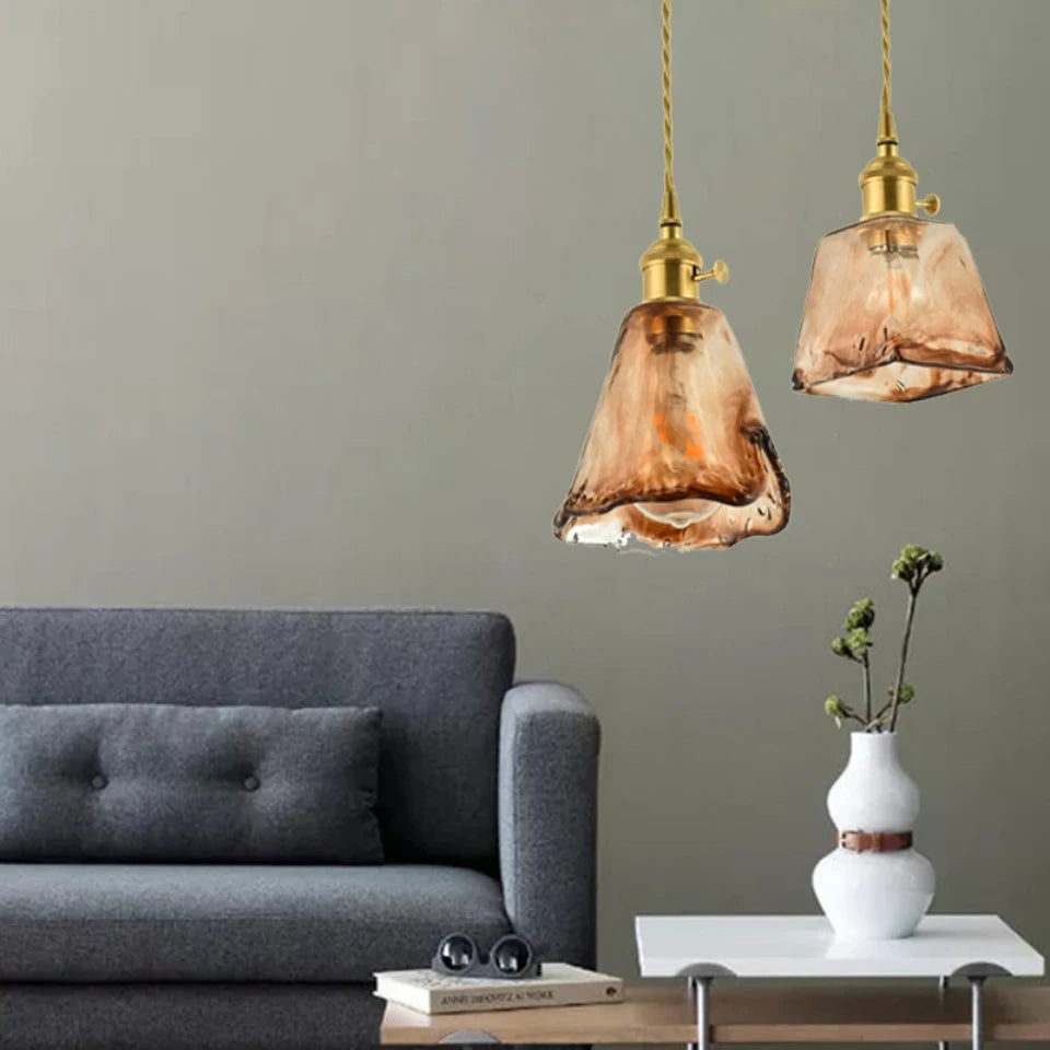 Nordic Vintage Amber Glass Pendant Light – Single Head Hanging Lamp
