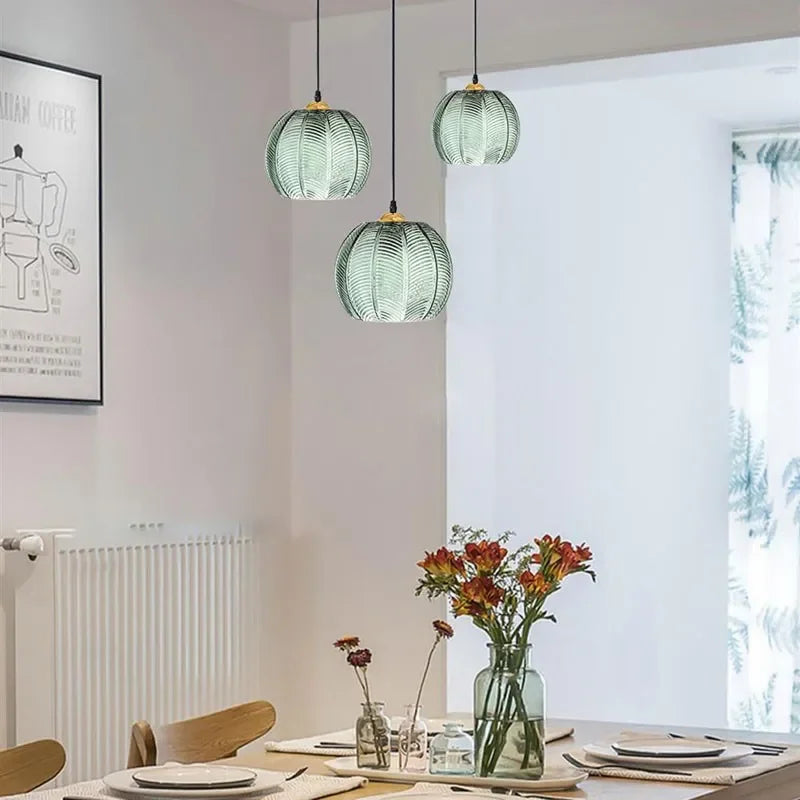 Nordic Glass Pendant Light – Leaf Pattern Green Shade for Kitchen