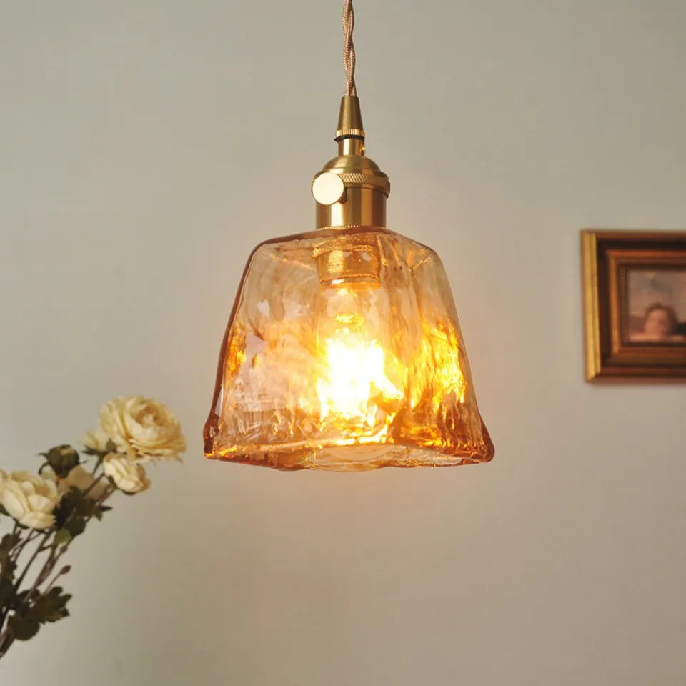 Nordic Vintage Amber Glass Pendant Light – Single Head Hanging Lamp
