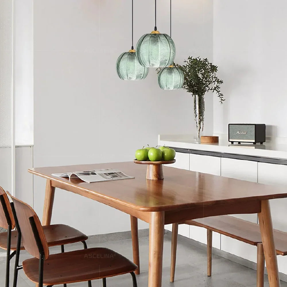 Nordic Glass Pendant Light – Leaf Pattern Green Shade for Kitchen