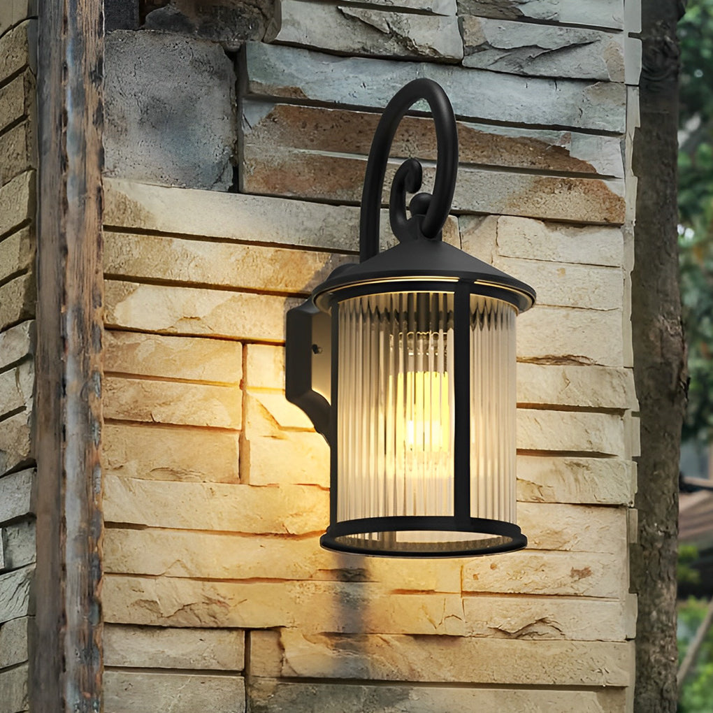 Black Aluminum Outdoor Wall Light with Striped Glass Shade