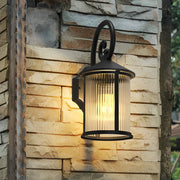 Black Aluminum Outdoor Wall Light with Striped Glass Shade