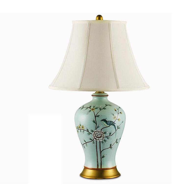 23" Asian Porcelain Table Lamp with Birds & Branches Design