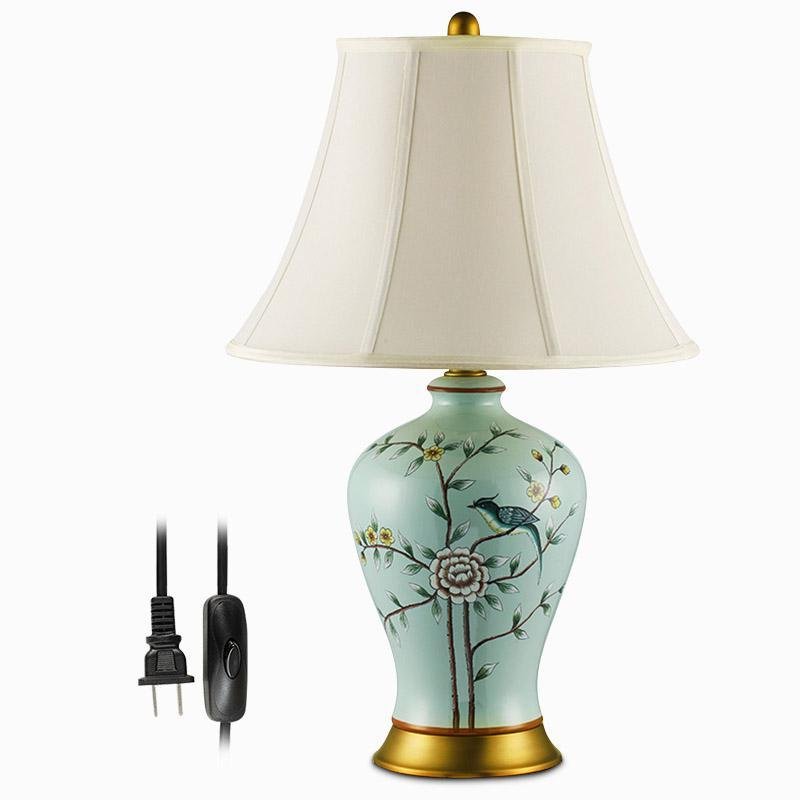 23" Asian Porcelain Table Lamp with Birds & Branches Design