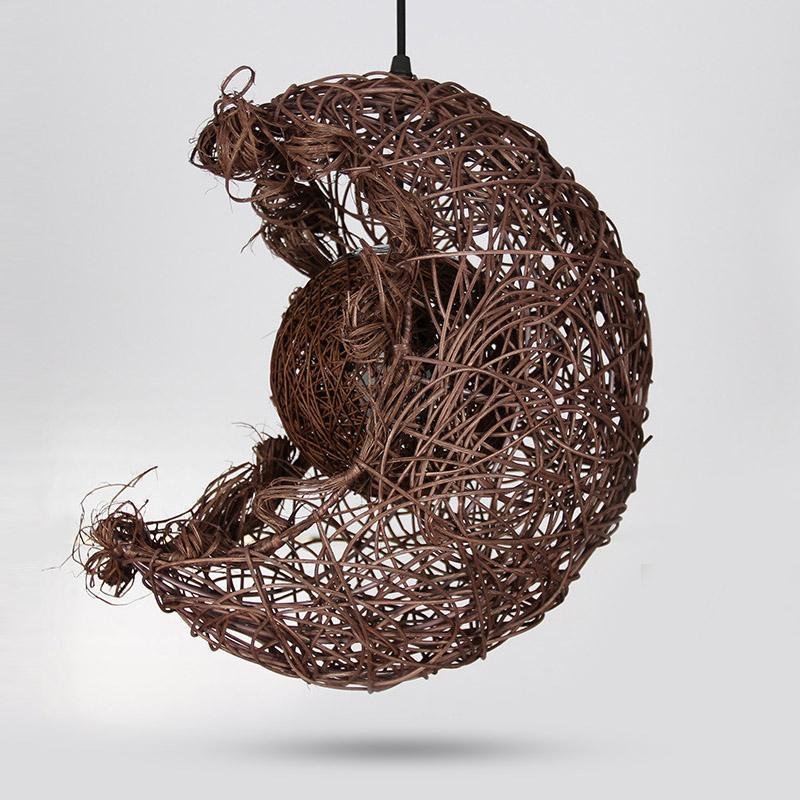 Moon Shaped Wicker Rattan Pendant Light Farmhouse Ceiling Fixture