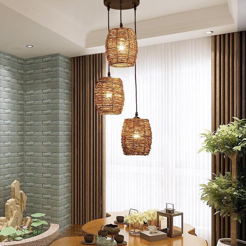 3-Piece Wicker Pendant Light Set - Farmhouse Rustic Burlywood