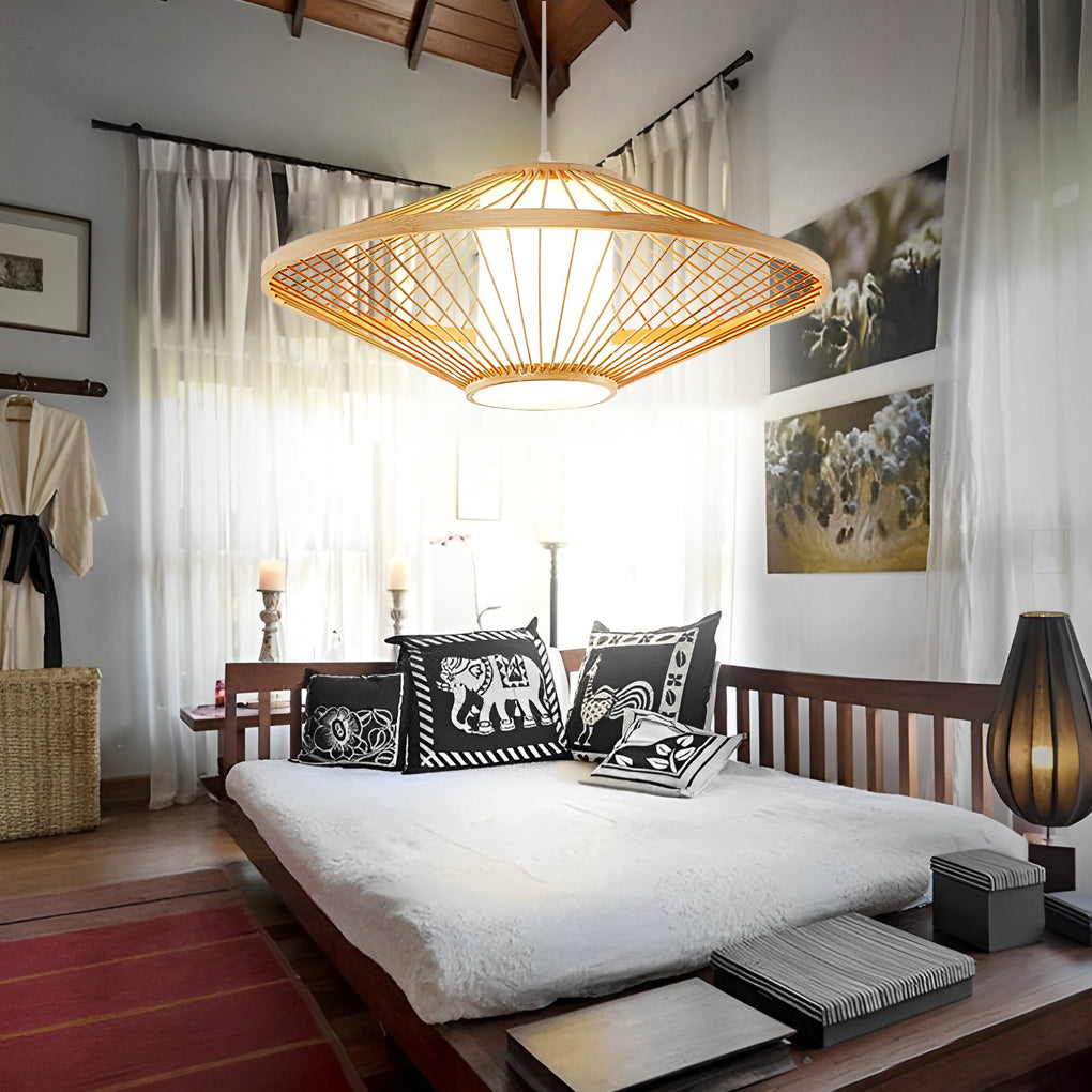 Black Bamboo Farmhouse Pendant Light - Pyramid Ceiling Fixture