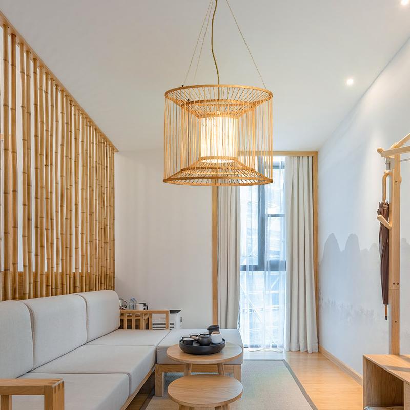 Bamboo Cylindrical Cage Pendant Light - Farmhouse Rustic Design