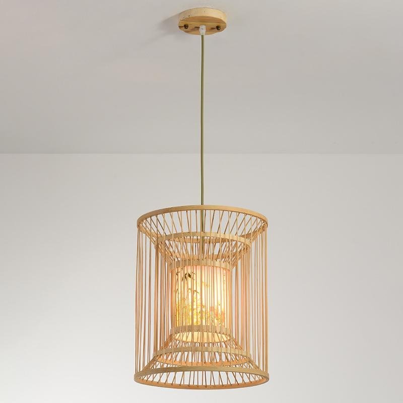 Bamboo Cylindrical Cage Pendant Light - Farmhouse Rustic Design