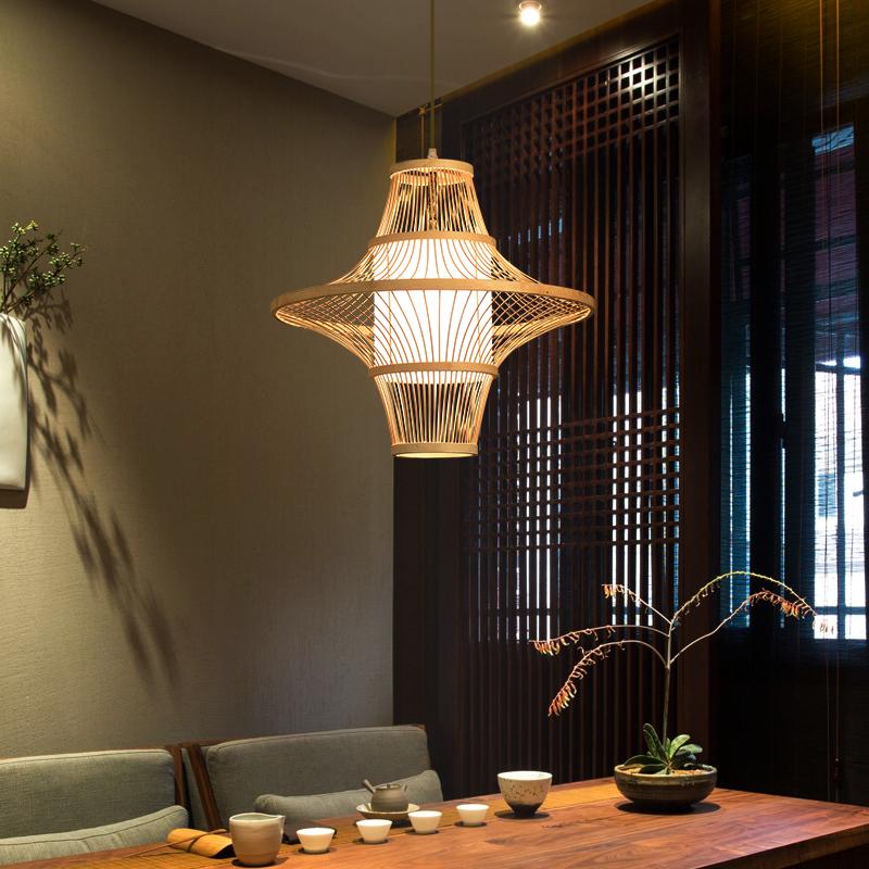 Farmhouse Bamboo Pendant Light - Two Cone Natural Wood Ceiling Lamp