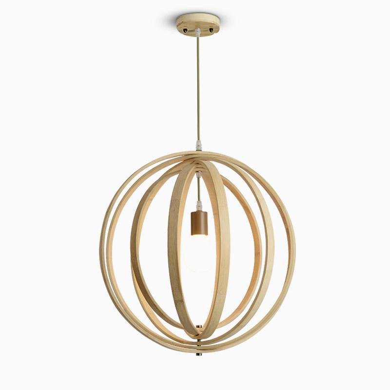 Rustic Wood Pendant Light with Layered Bamboo Rings & Exposed LED