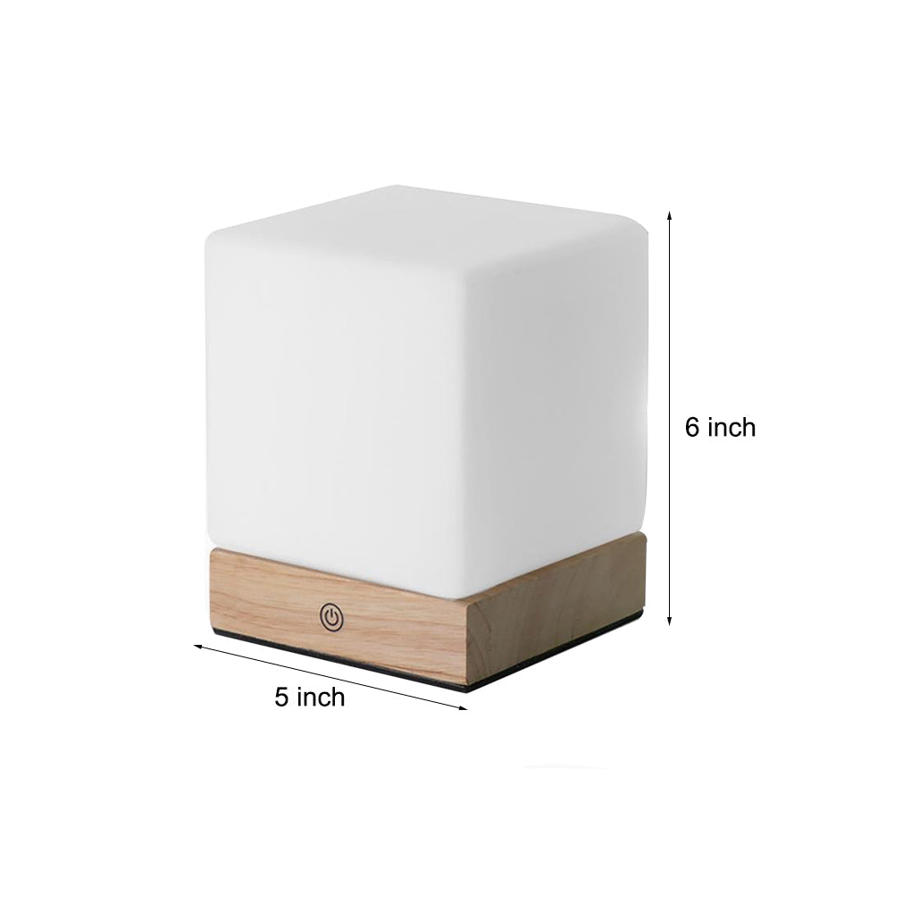 Mini Cube LED Table Lamp with Opal Glass Shade & Wood Base