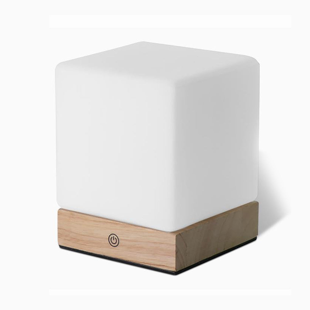 Mini Cube LED Table Lamp with Opal Glass Shade & Wood Base
