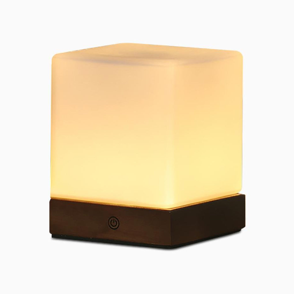 Mini Cube LED Table Lamp with Opal Glass Shade & Wood Base