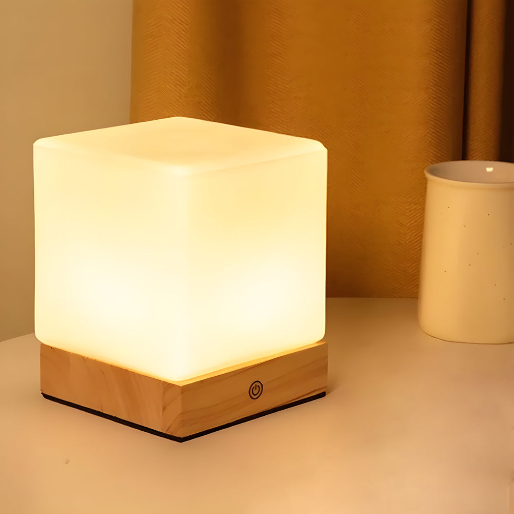 Mini Cube LED Table Lamp with Opal Glass Shade & Wood Base