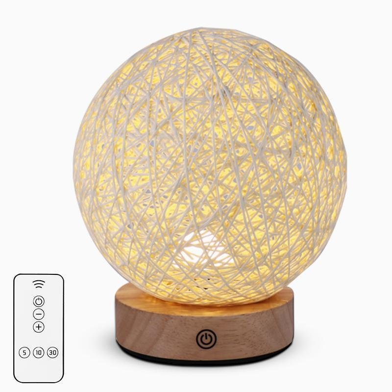 Rustic Rattan Wicker Table Lamp with Wood Base and LED Light