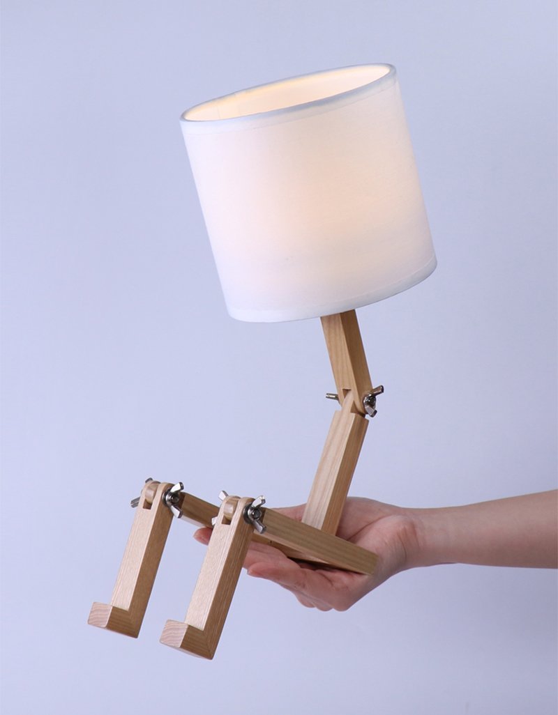 Adjustable Wooden Sitting Robot LED Table Lamp with Fabric Shade