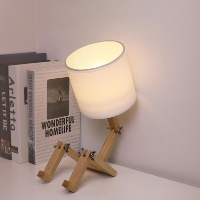 Adjustable Wooden Sitting Robot LED Table Lamp with Fabric Shade