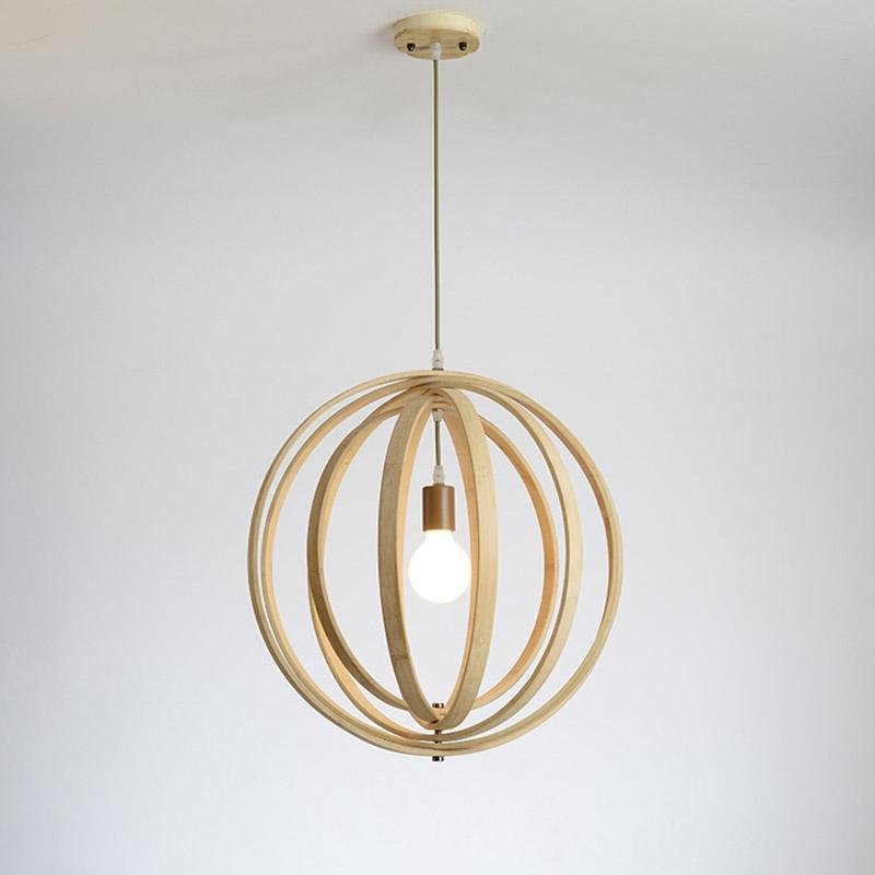 Rustic Wood Pendant Light with Layered Bamboo Rings & Exposed LED