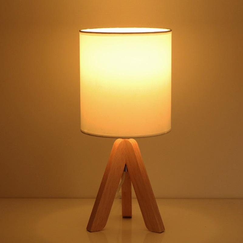 15" Modern Tripod Table Lamp with Natural Wood Base & Linen Shade