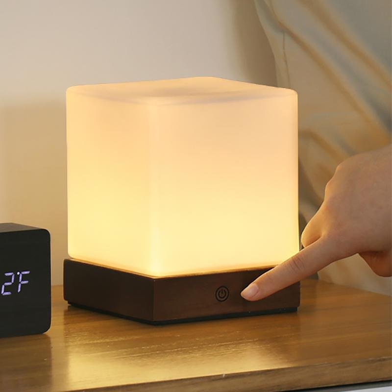 Mini Cube LED Table Lamp with Opal Glass Shade & Wood Base
