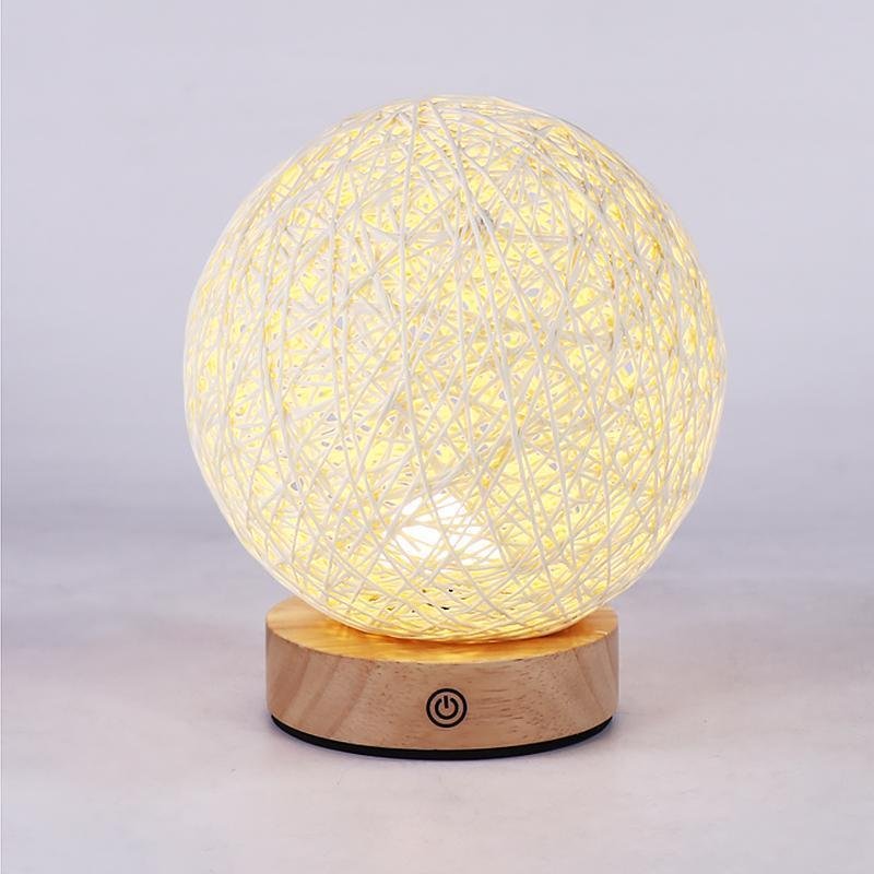 Rustic Rattan Wicker Table Lamp with Wood Base and LED Light